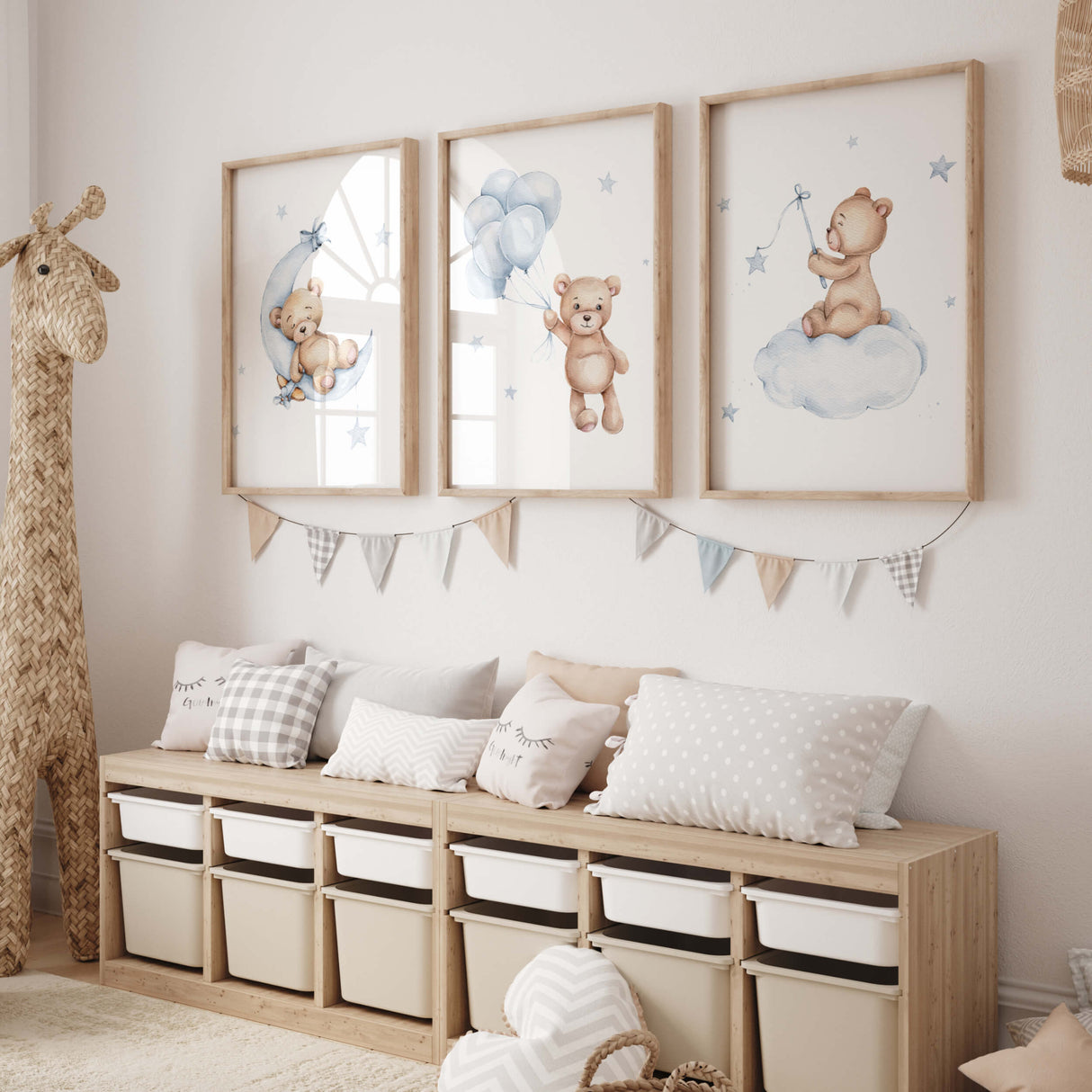 Teddy bear prints with light blue moon, balloon and cloud.