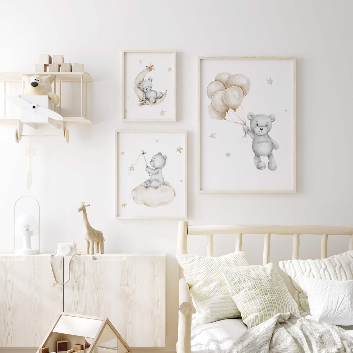 Set of 3 watercolor teddy print in beige and gray colors for gender neutral nursery decor.