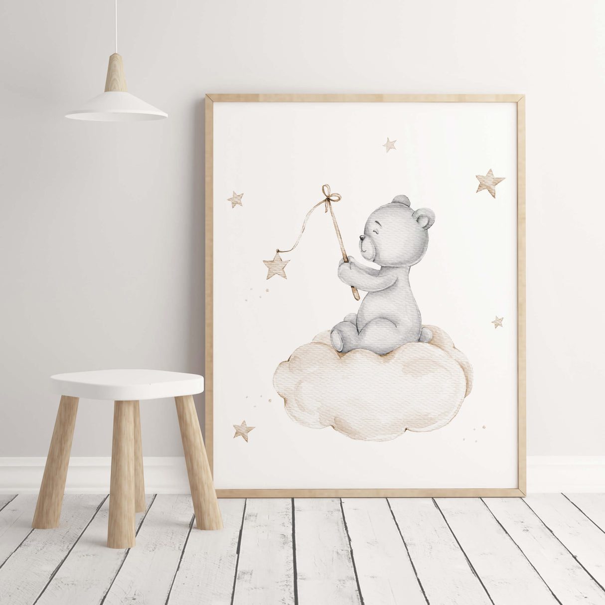 Watercolor teddy bear on the cloud print in beige and gray colors for gender neutral nursery decor.