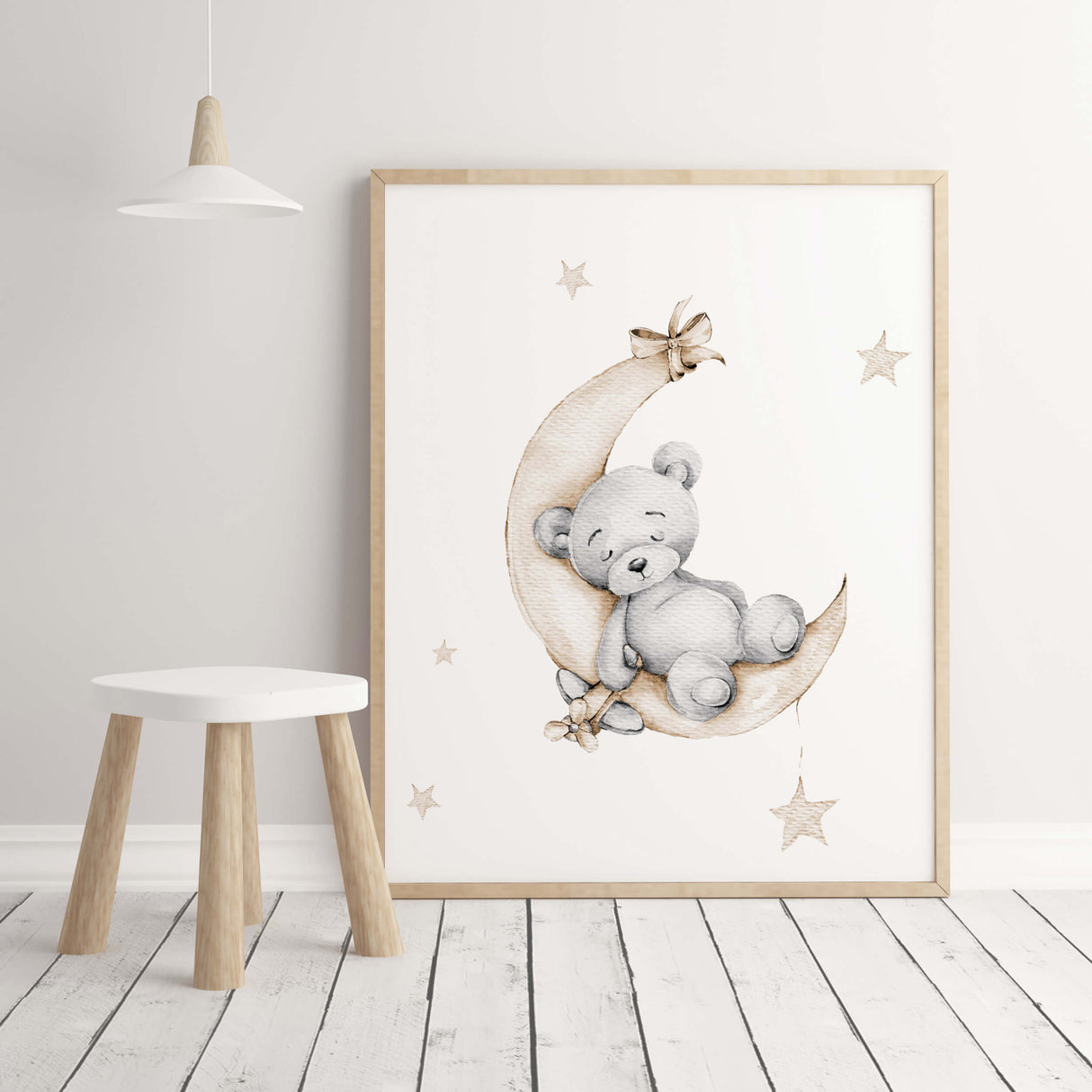 Watercolor teddy bear on the moon print in beige and gray colors for gender neutral nursery decor.