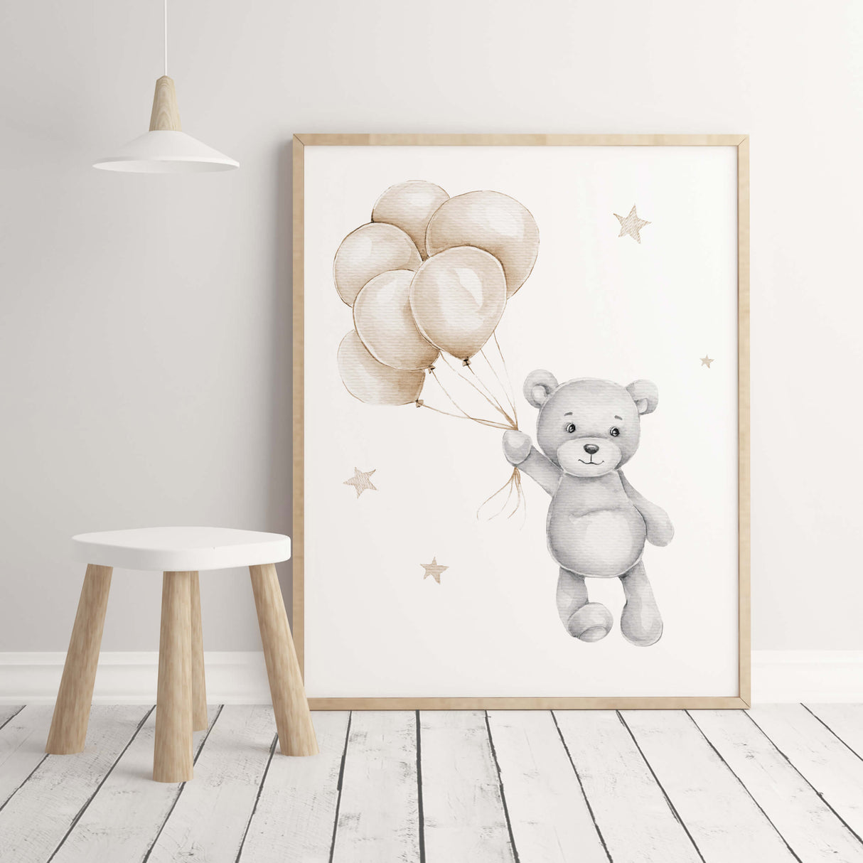 Watercolor teddy bear with balloon print in beige and gray colors for gender neutral nursery decor.