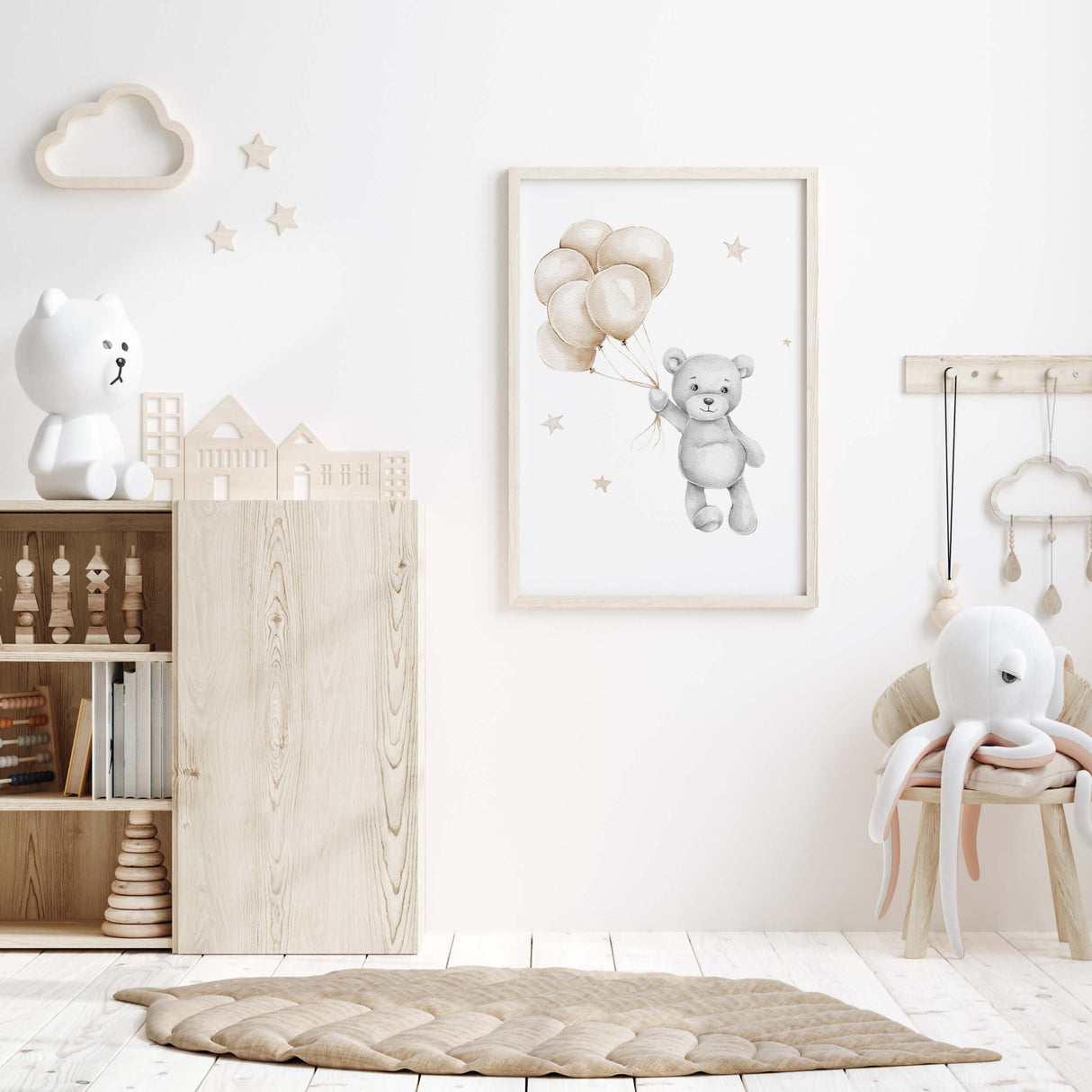 Watercolor teddy bear with balloon print in beige and gray colors for gender neutral nursery decor.