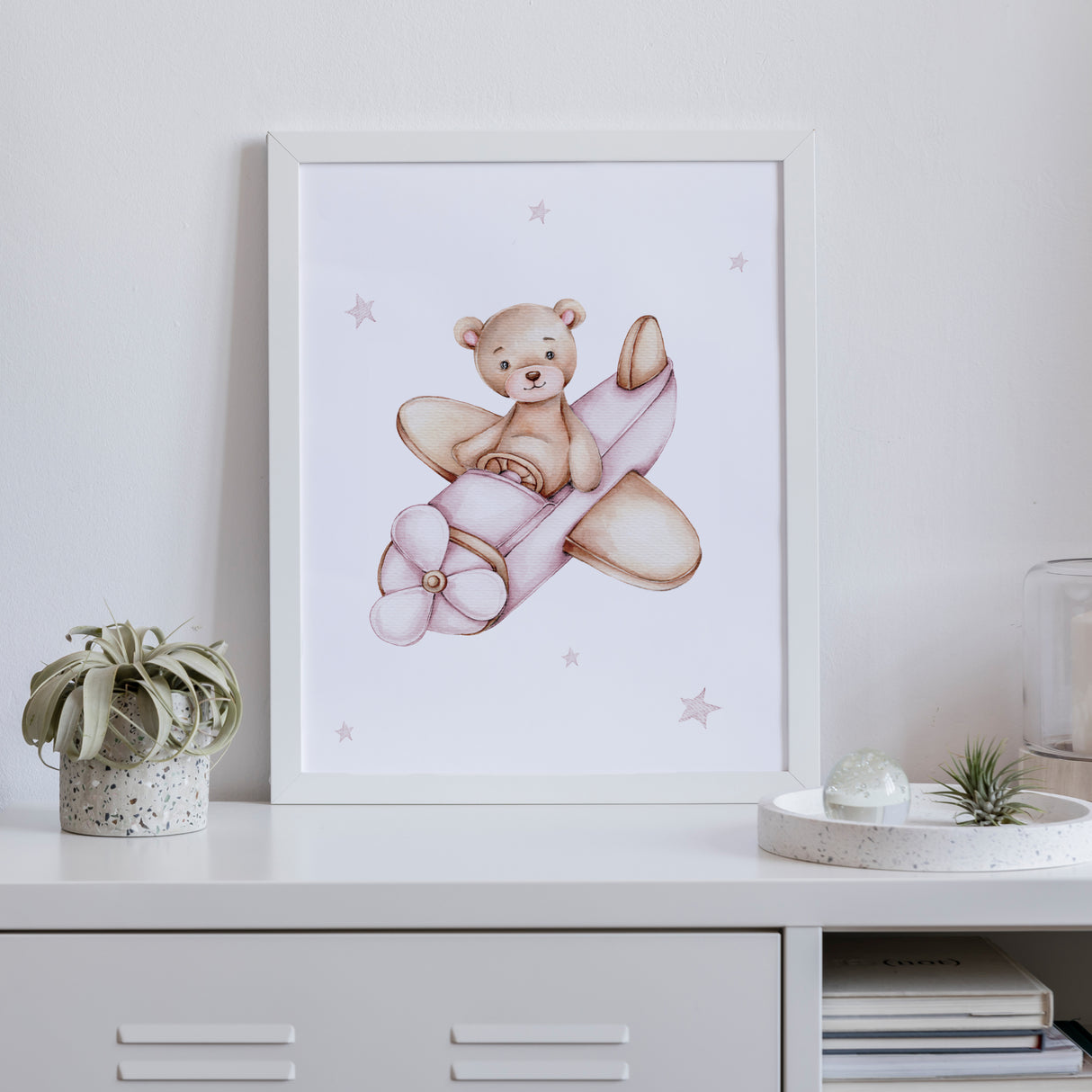 Watercolor teddy bear with plane in ligh pink color for girls nursery decor.