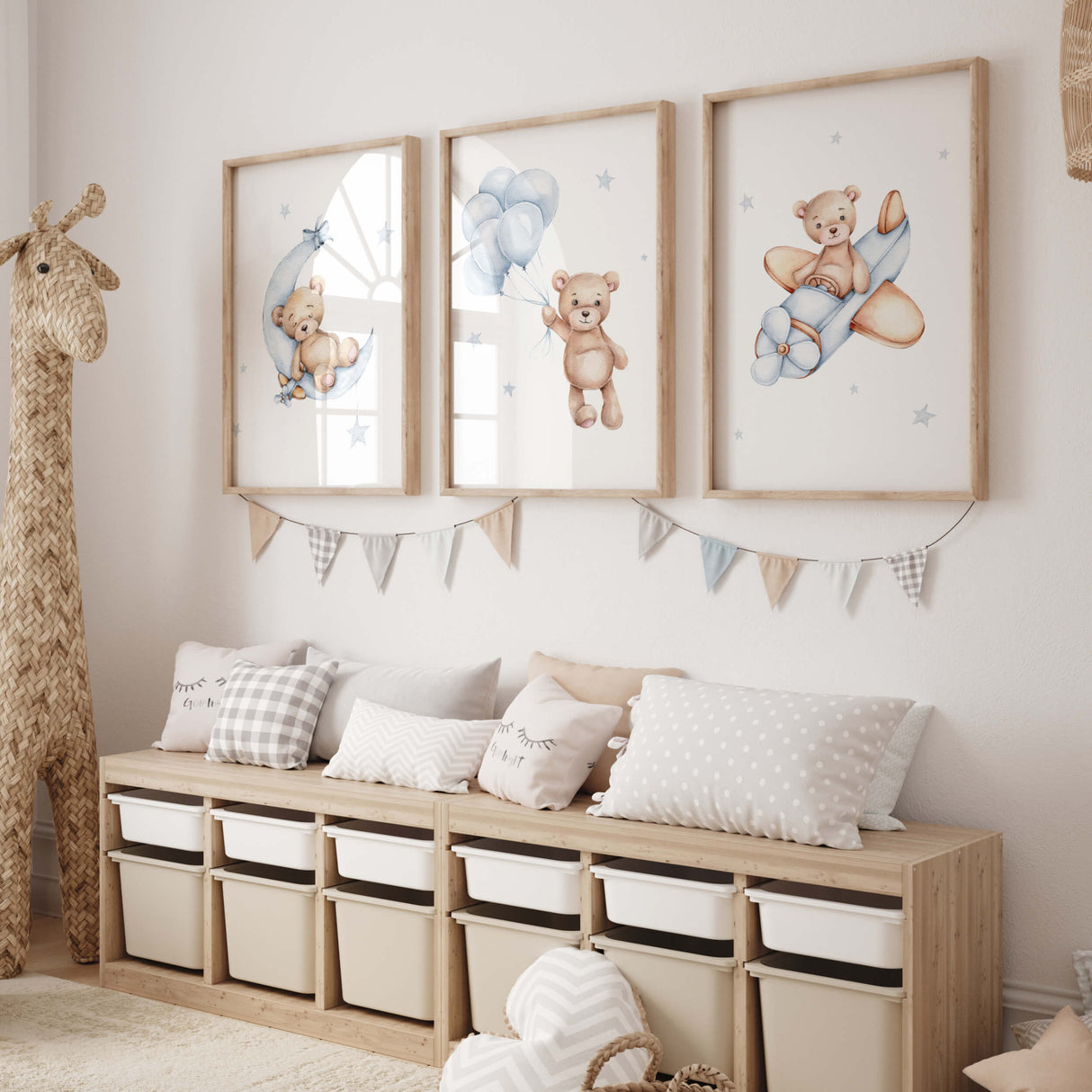 Set of 3 teddy bear with airplane poster in ligh blue color