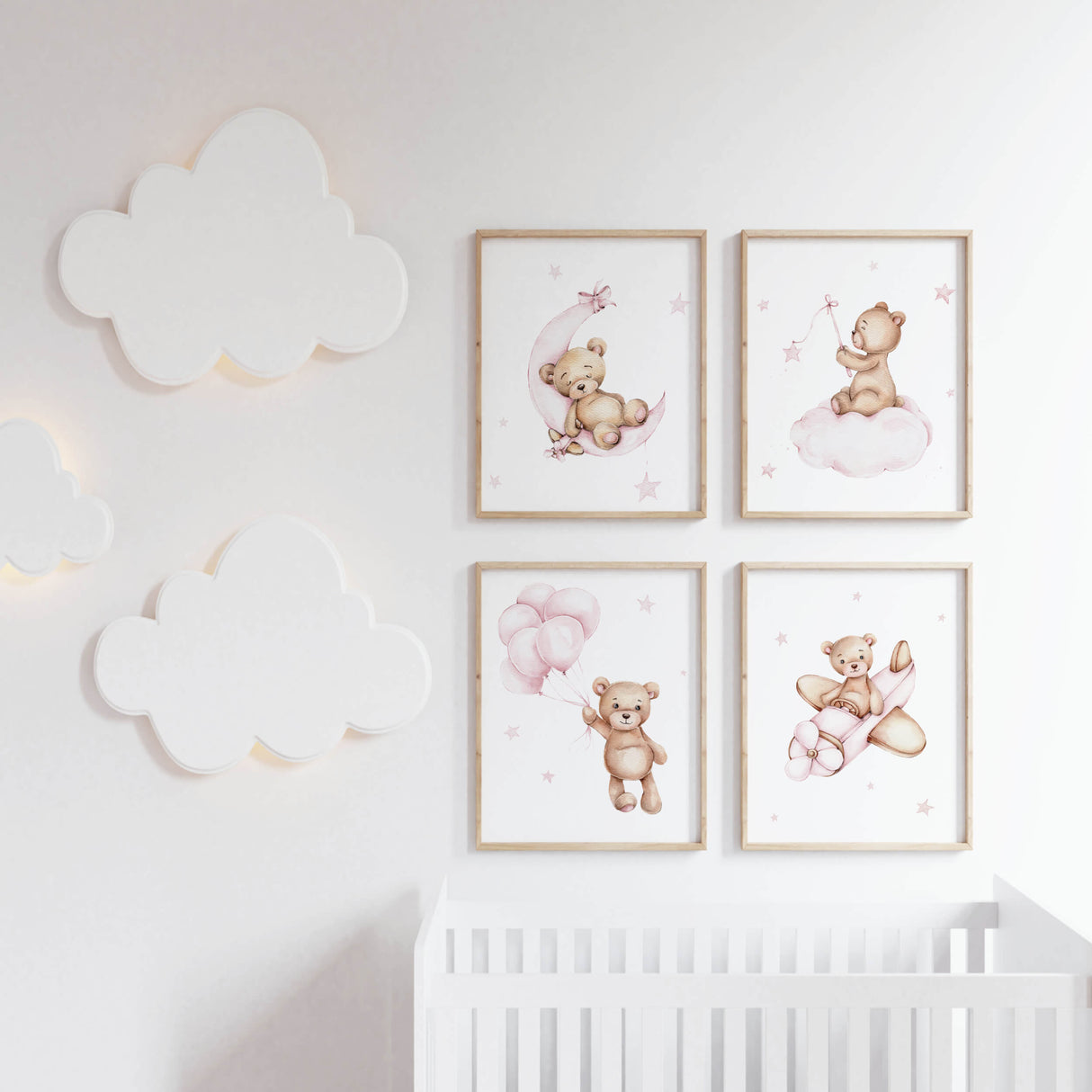 Set of 4 watercolor teddy bear printable in light pink and brown colors for baby girls room decor.