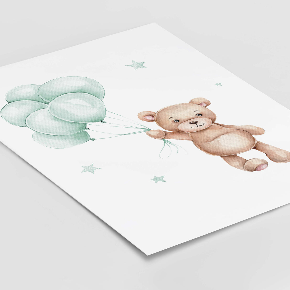Set of 3 watercolor teddy bear poster in pastel mint brown color for gender neutral nursery decor, includes a teddy bear with a balloon, a teddy bear on the moon, and a teddy bear on the cloud.