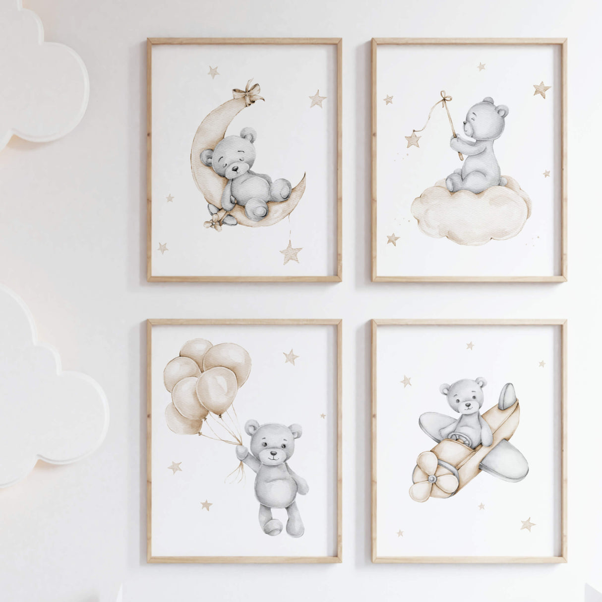 Teddy Bear Nursery Prints - Gray - Beige - Set of 4