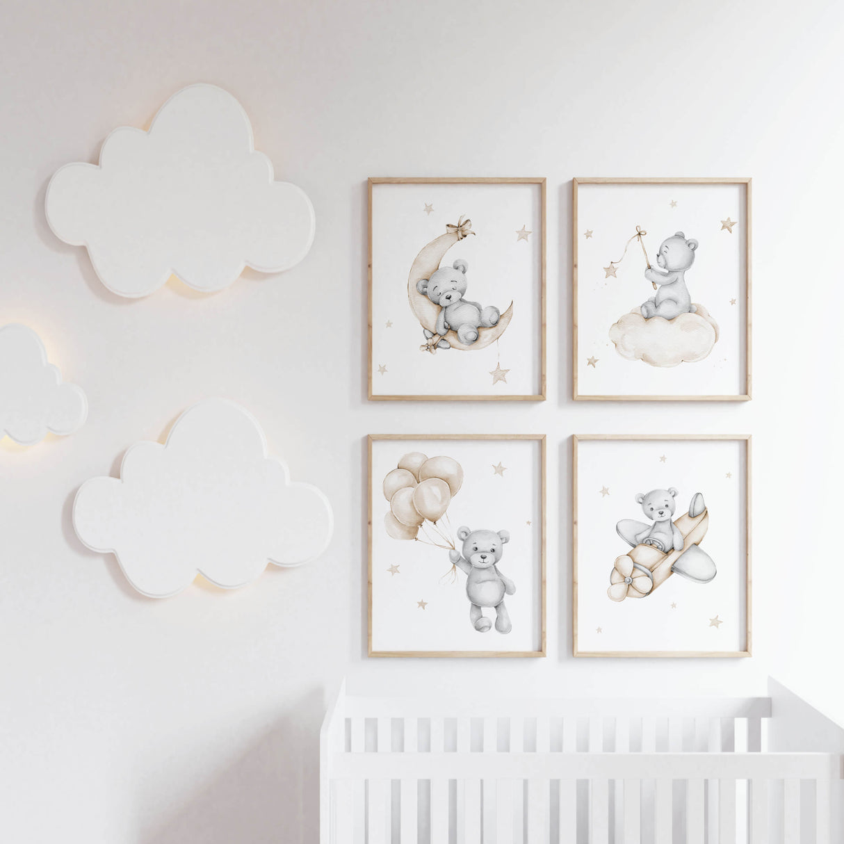 Teddy Bear Nursery Prints - Gray - Beige - Set of 4