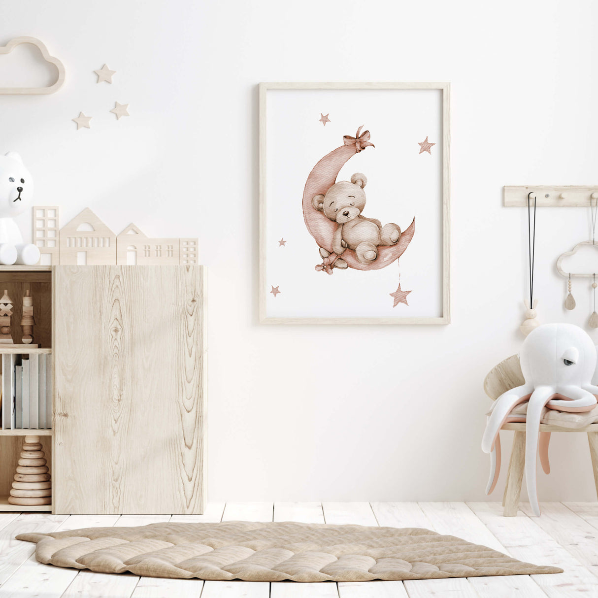 Watercolor brown terracotta teddy bear on the moon printable for boho neutral nursery decor.