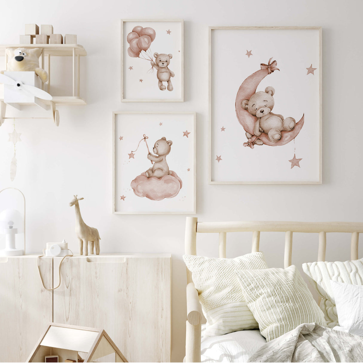 Set of 3 watercolor brown terracotta teddy bear print for neutral nursery decor.