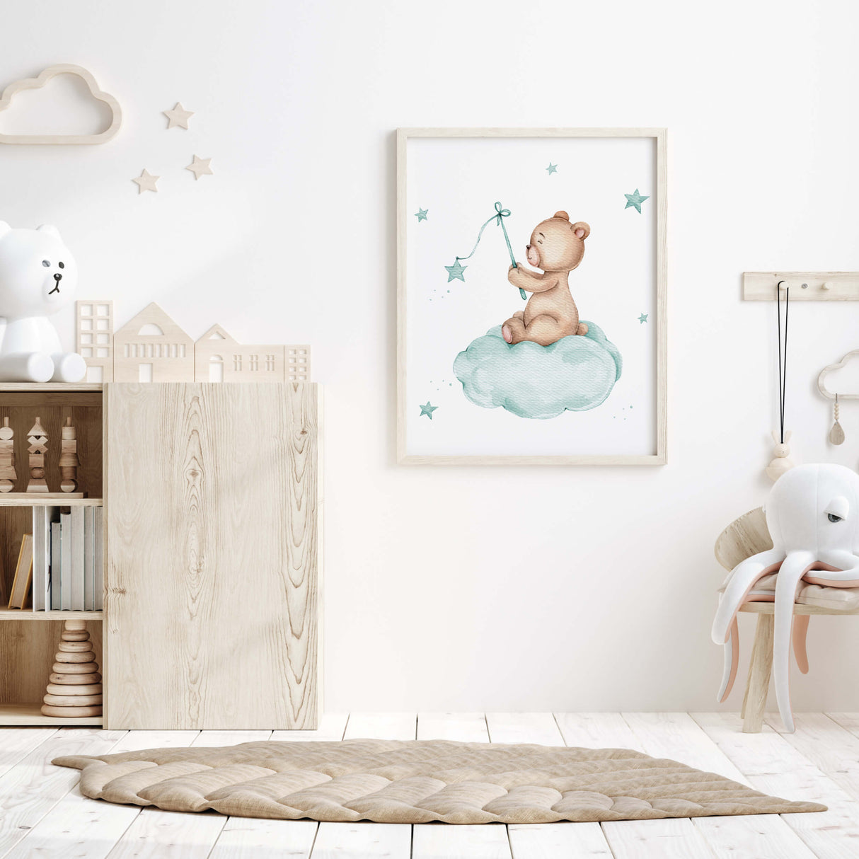 Watercolor dark mint teddy bear on the cloud print for white beige nursery decor.