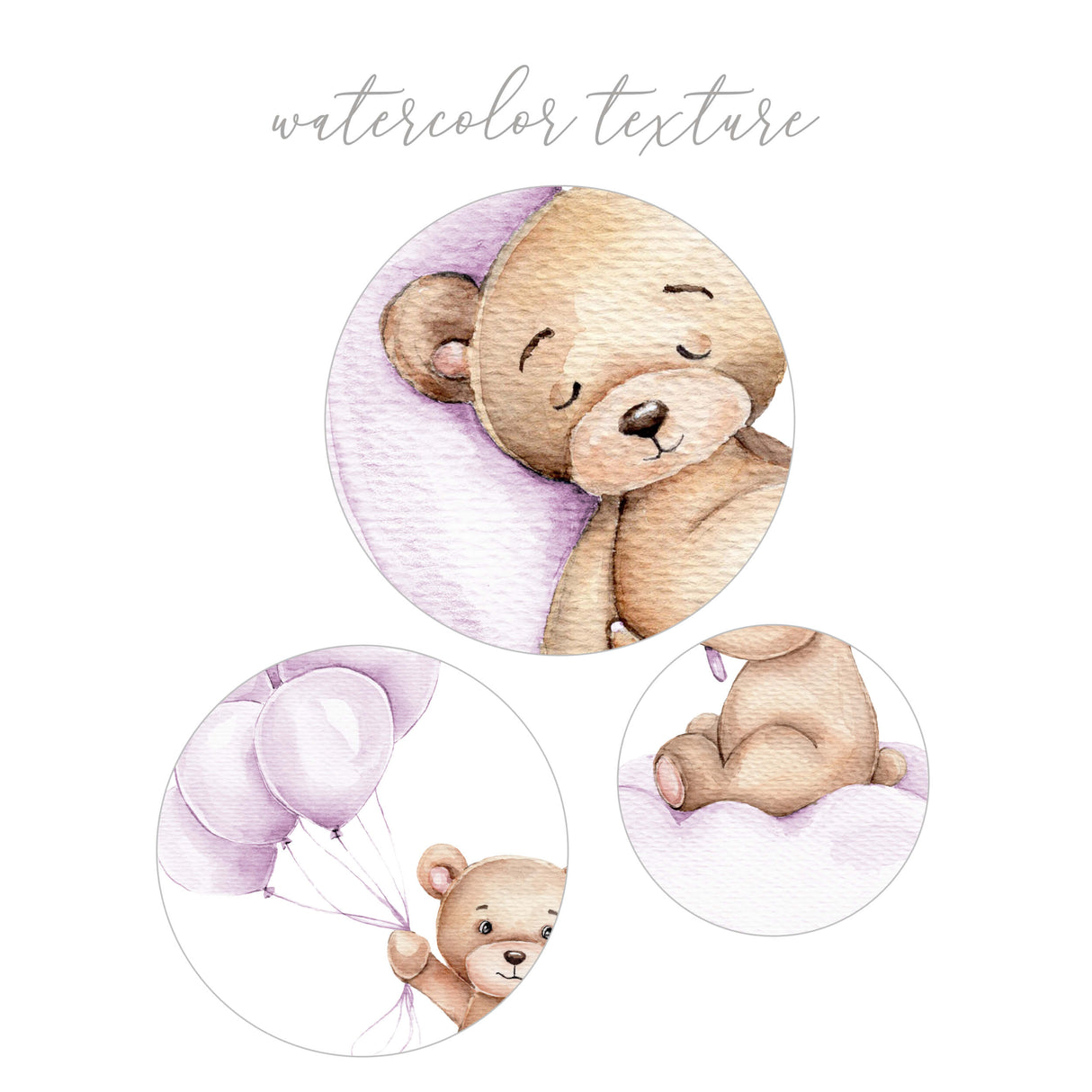 Set of 3 watercolor purple teddy bear poster for baby girls room decor.
