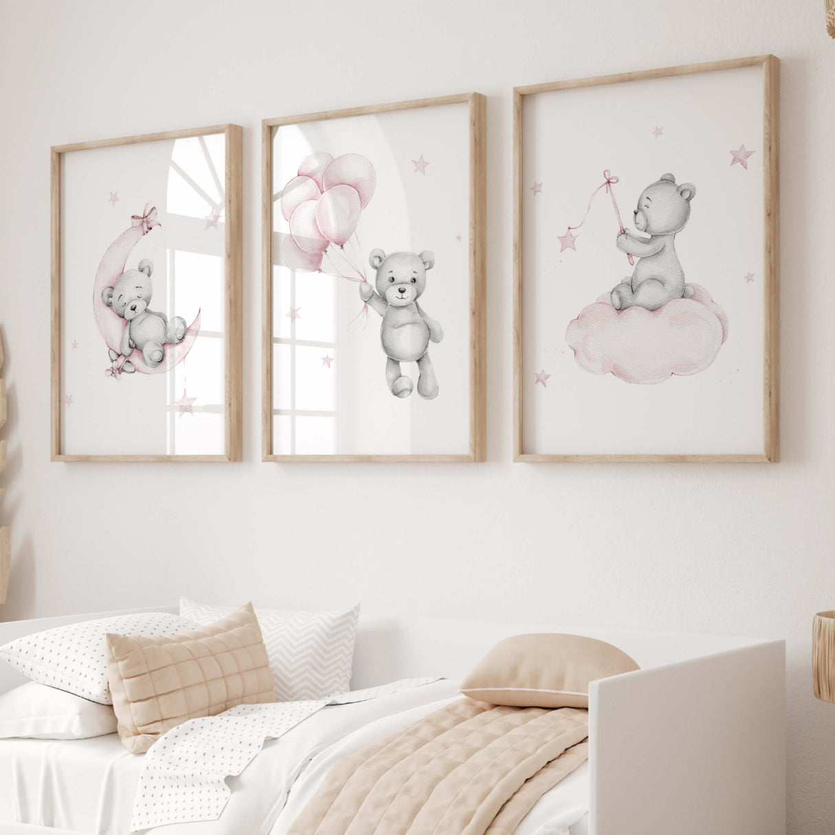 Watercolor teddy bear with moon, balloon, cloud poster in light pink and gray colors for baby girls room decor.