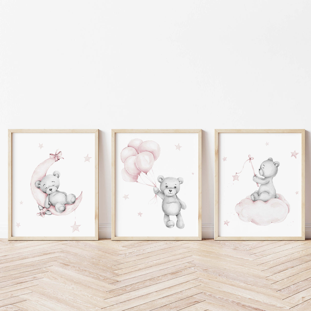 Watercolor teddy bear on the moon, teddy bear on cloud, with balloon print in light pink and gray colors for baby girls room decor.