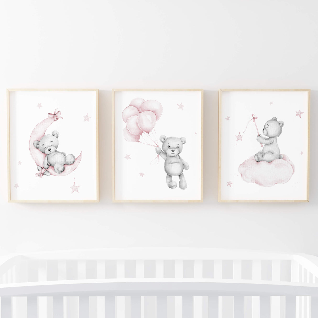 Set of 3 watercolor teddy bear print in light pink and gray colors for baby girls room decor.