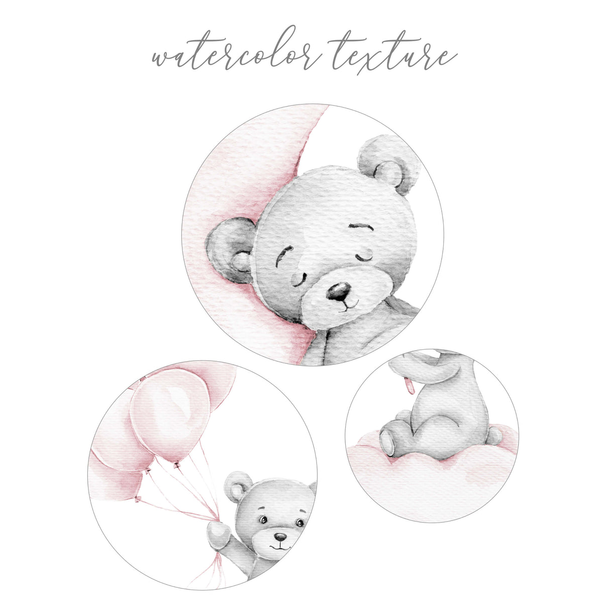 watercolor teddy bear light pink and gray colors