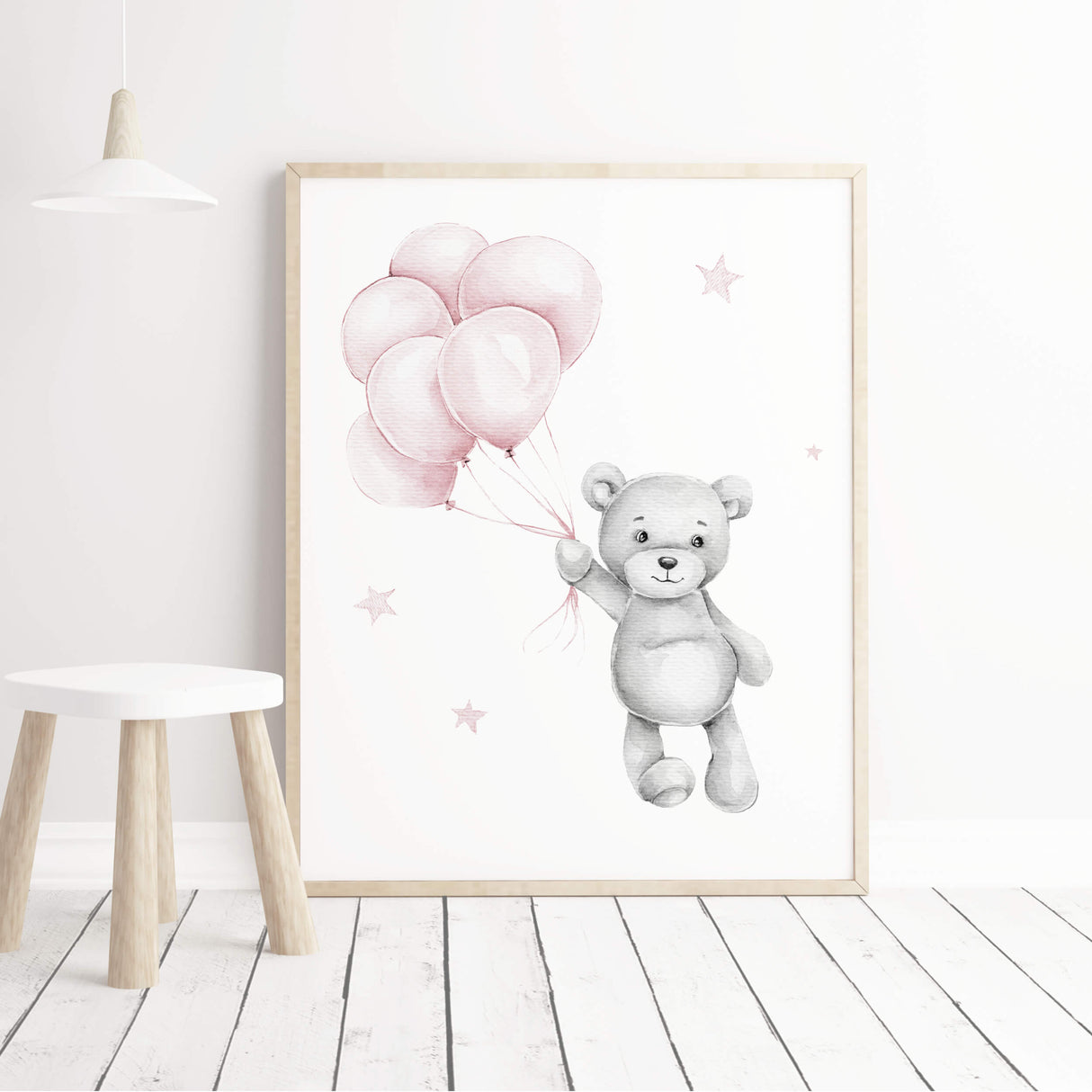 Watercolor teddy bear with balloon print in light pink and gray colors for baby girls room decor.