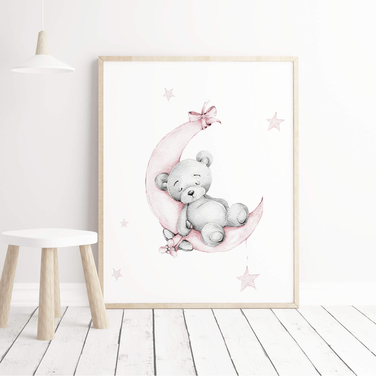 Watercolor teddy bear on the moon print in light pink and gray colors for baby girls room decor.