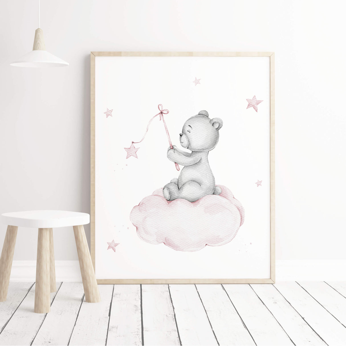 Watercolor teddy bear on the cloud print in light pink and gray colors for baby girls room decor.