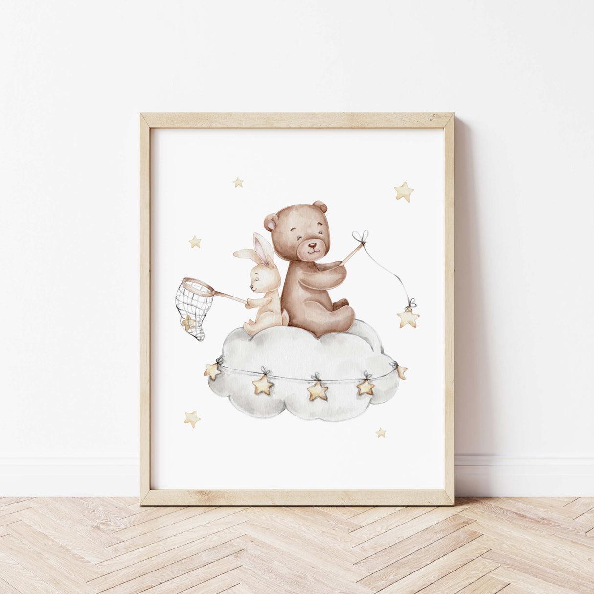 Watercolor teddy bear on the moon print in gray, brown, yellow colors for gender neutral nursery decor, baby girls room decor, toddler room decor, baby boys room decor.