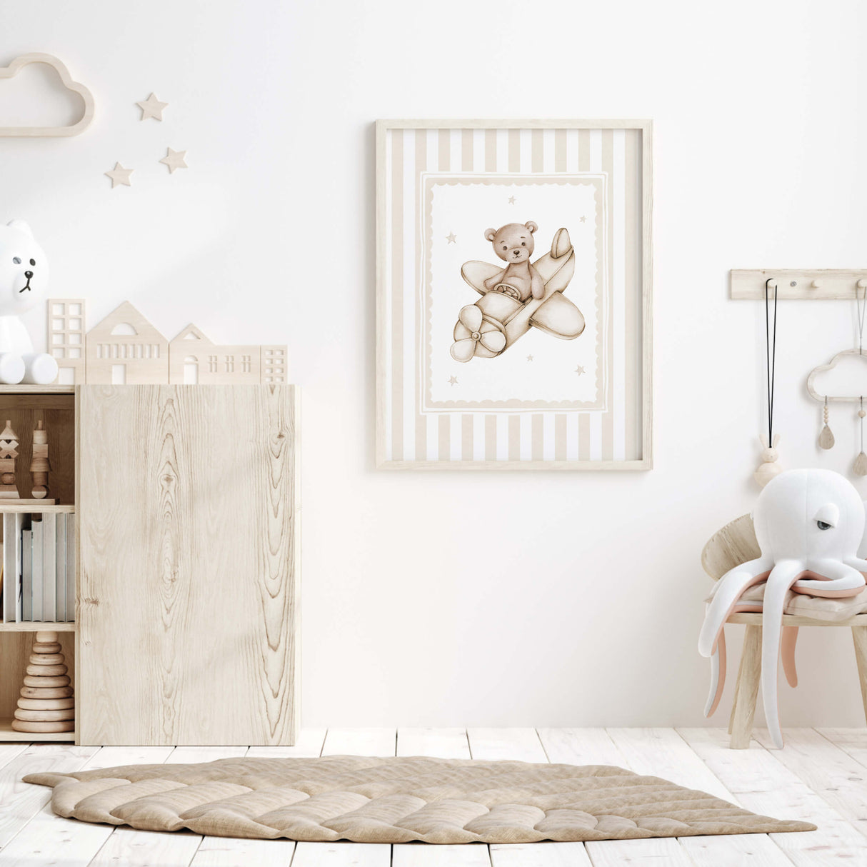 Cute teddy bear illustrations with moon cloud balloon and airplane printable