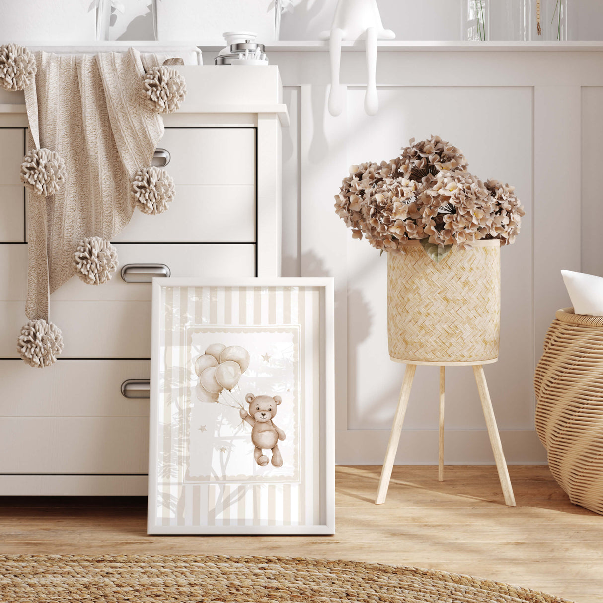 Gender neutral teddy bear digital wall art set nursery decor beige striped