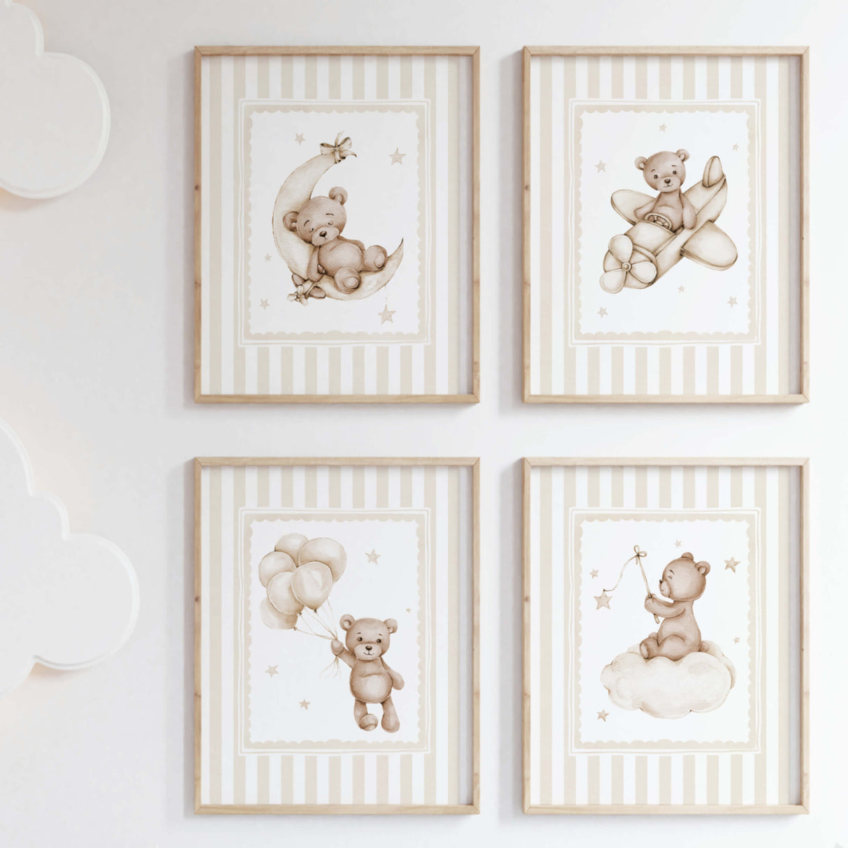 Beige teddy bear nursery wall art printable set of 4 digital baby room decor