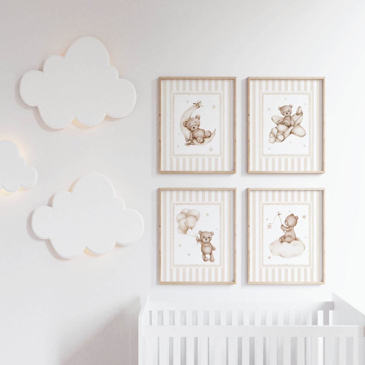 Neutral teddy bear prints gender friendly nursery artwork for boys and girls