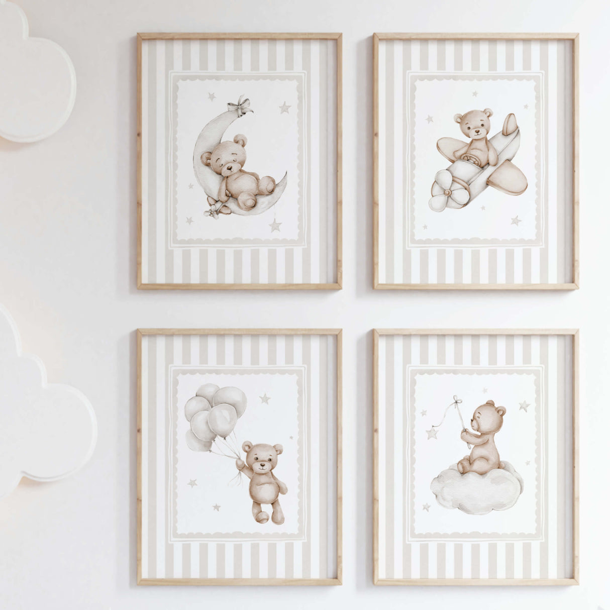 Neutral teddy bear nursery wall art printable set of 4 digital download baby room decor