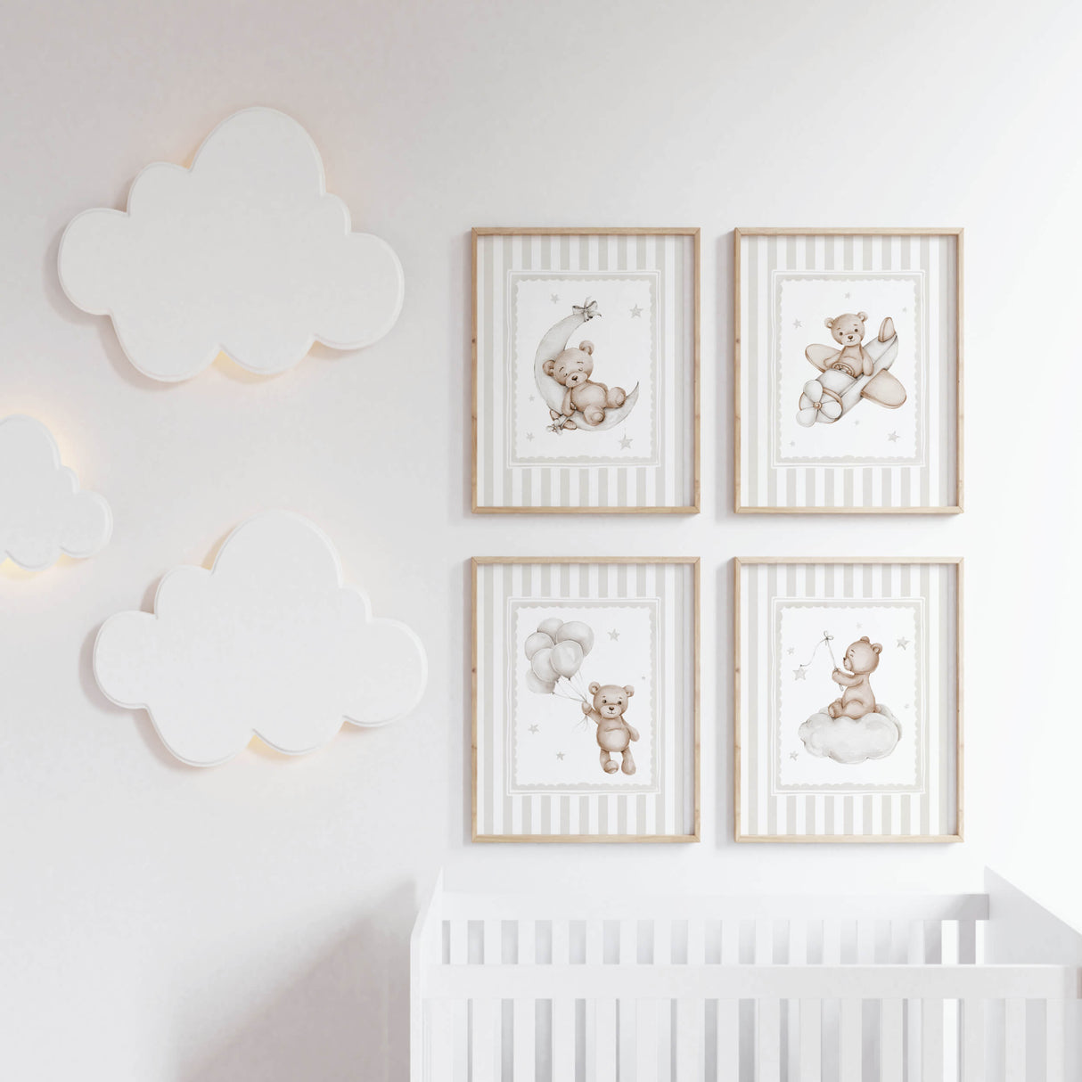 Cute teddy bear prints gender neutral nursery artwork beige striped frame design
