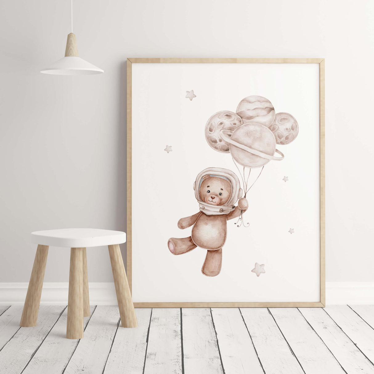 Set of 3 watercolor astronaut teddy bear with planets print with beige and brown colors for gender neutral nursery decor.