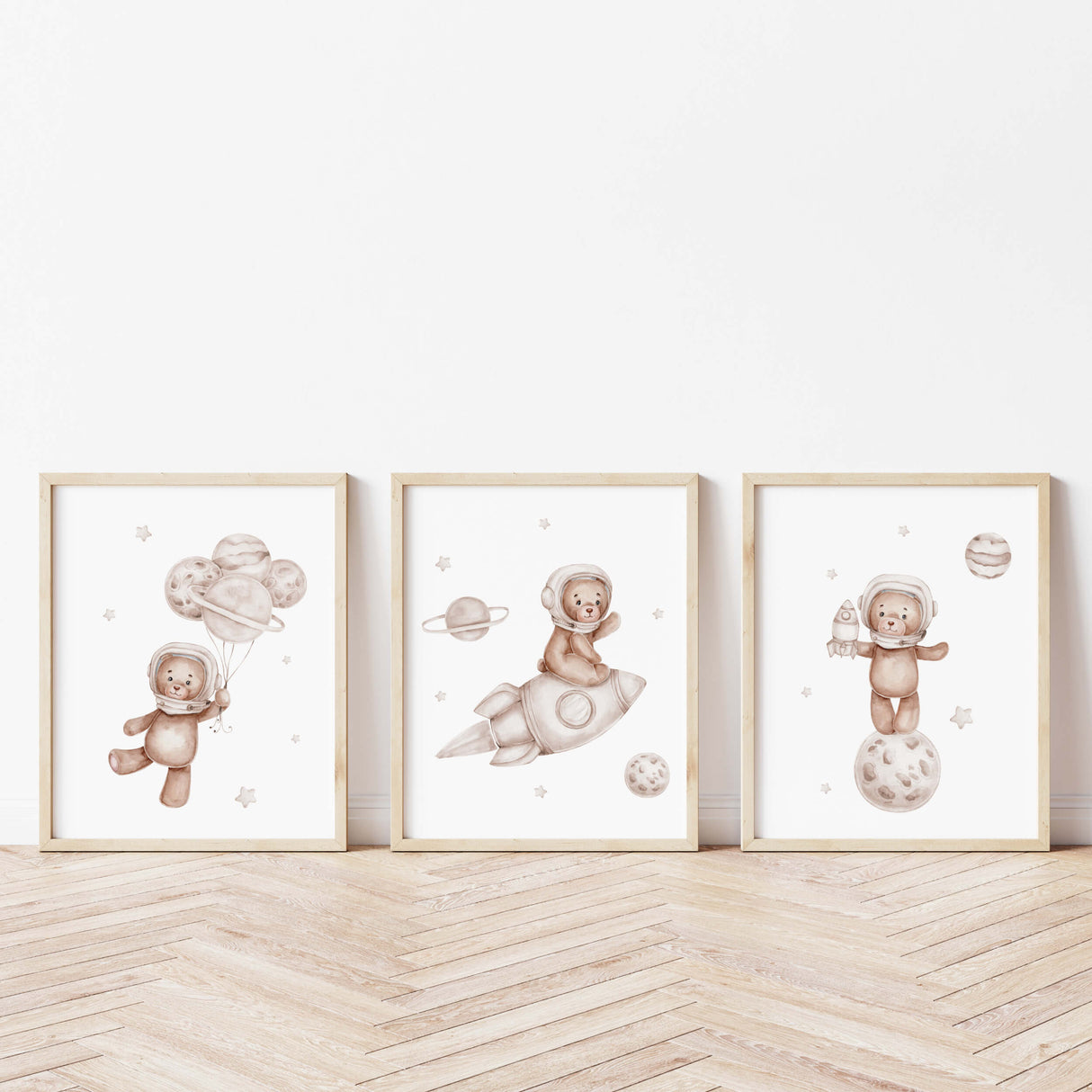 Teddy Bear Astronaut Nursery Prints - Brown - Beige - Set of 3