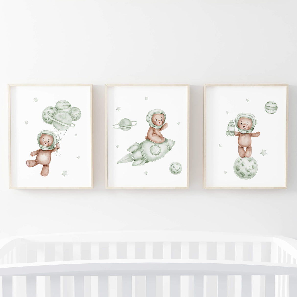 Set of 3 watercolor astronaut teddy bear in sage green, brown colors poster for white, sage green, beige nursery decor.