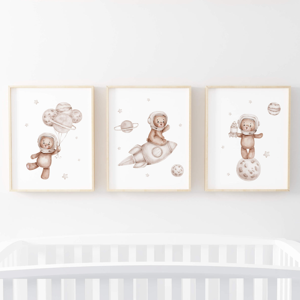 Teddy Bear Astronaut Nursery Prints - Brown - Beige - Set of 3