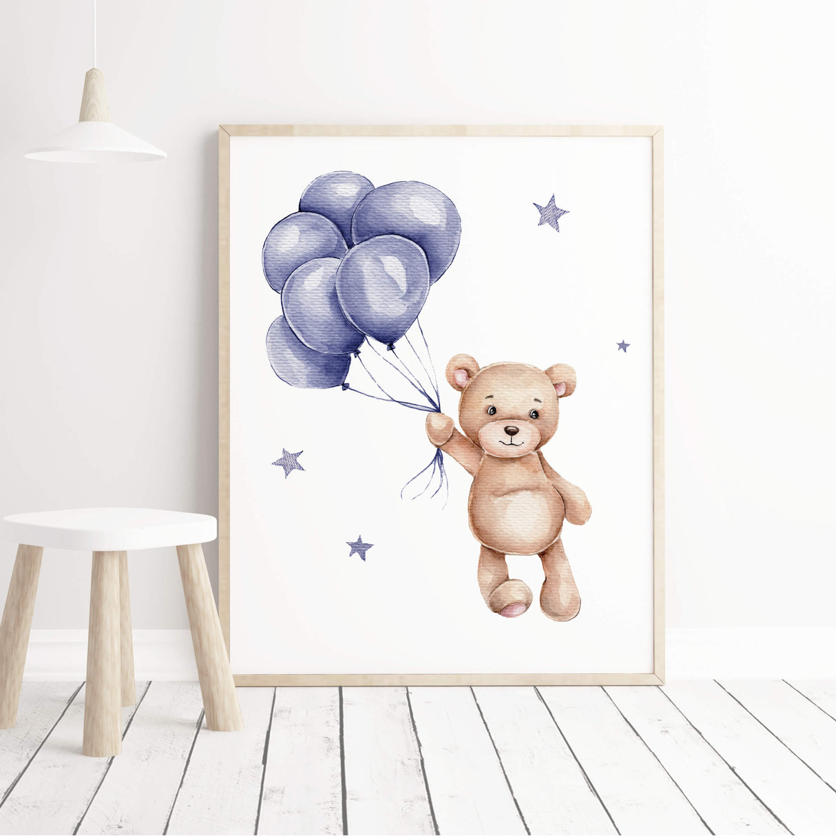 Set of 4 teddy bear with balloon print in navy color for gender neutral nursery decor, baby boys room decor, baby girls room decor.