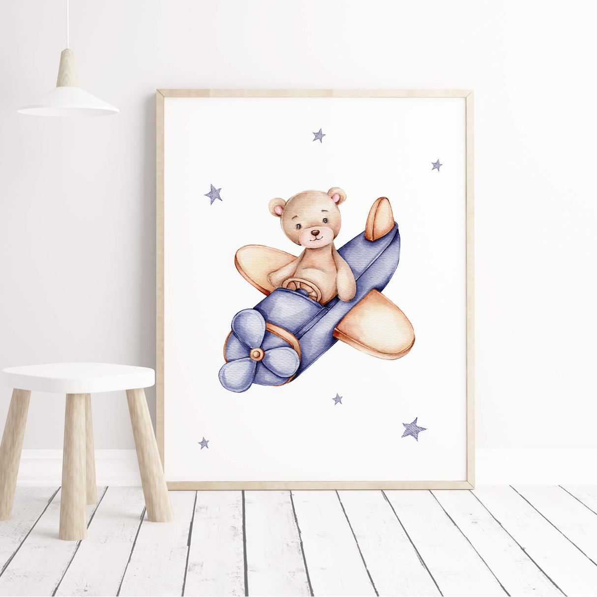 Set of 4 teddy bear on the airplane print in navy color for gender neutral nursery decor, baby boys room decor, baby girls room decor.
