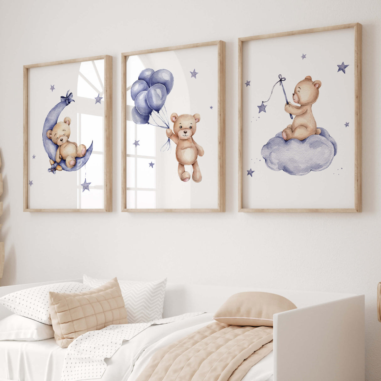 Set of 4 teddy bear with navy moon, clour, airplane and stars for gender neutral nursery decor, baby boys room decor, baby girls room decor.