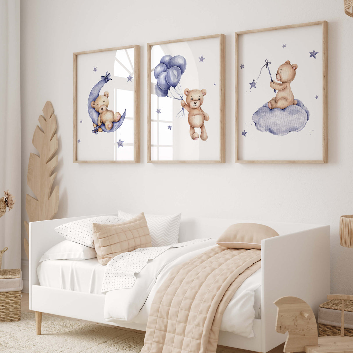 Set of 4 teddy bear print with navy moon, clour, airplane and stars for gender neutral nursery decor, baby boys room decor, baby girls room decor.