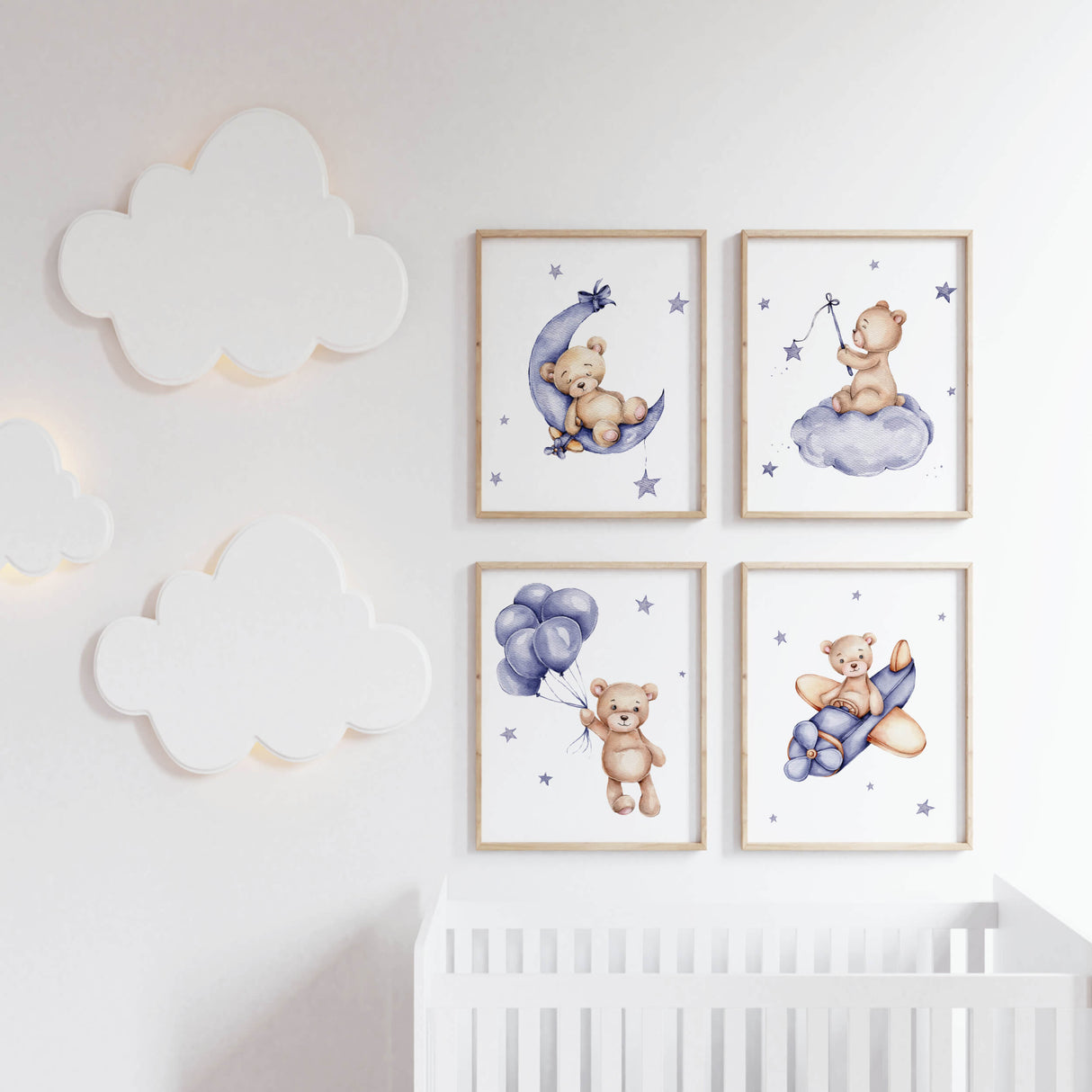 Set of 4 teddy bear on the moon print in navy color for gender neutral nursery decor, baby boys room decor, baby girls room decor.