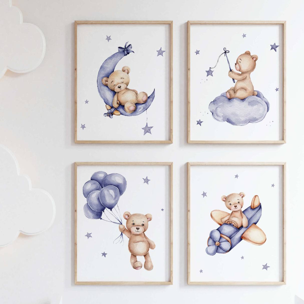 Set of 4 teddy bear on the moon print in navy color for gender neutral nursery decor, baby boys room decor, baby girls room decor.