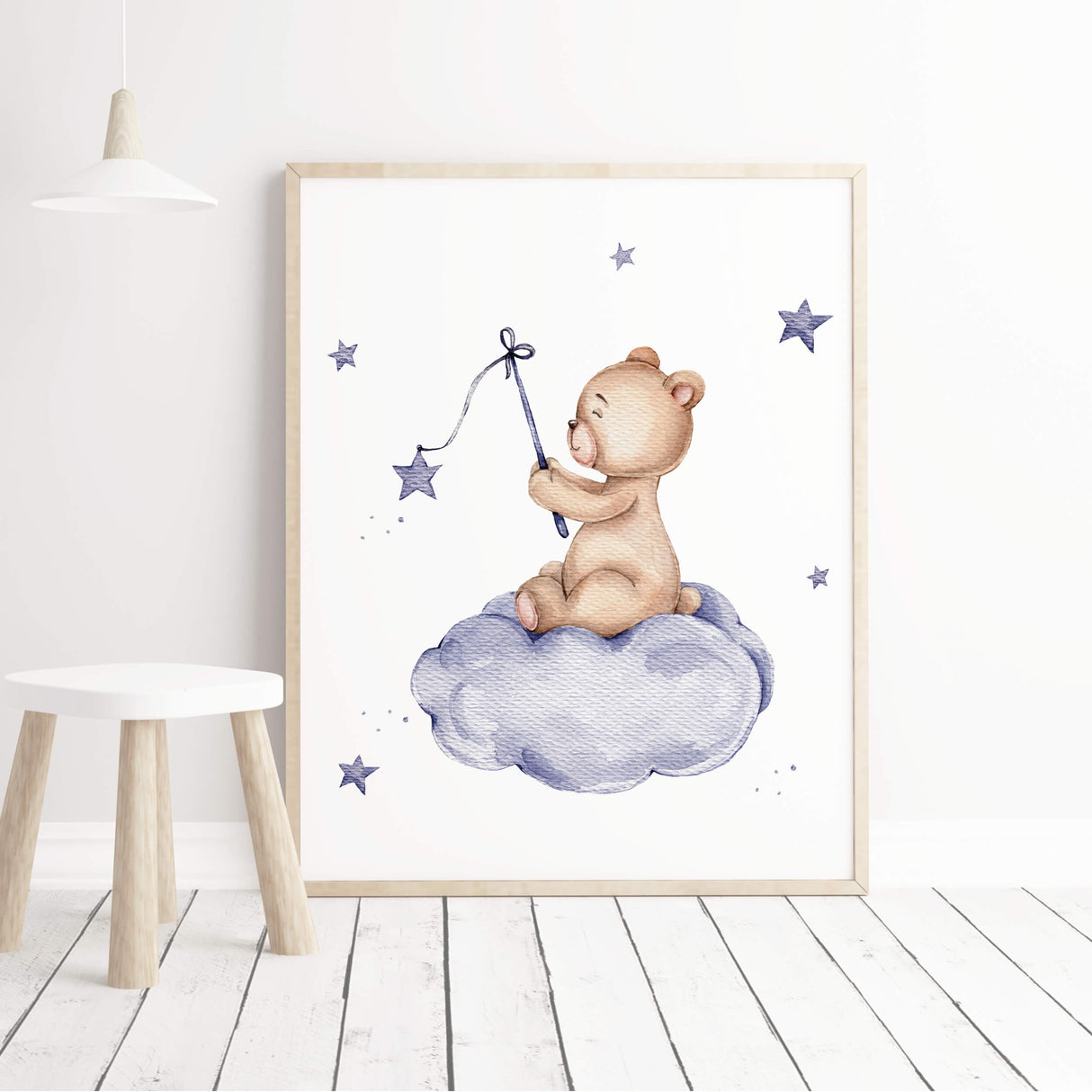 Set of 4 teddy bear on the cloud print in navy color for gender neutral nursery decor, baby boys room decor, baby girls room decor.