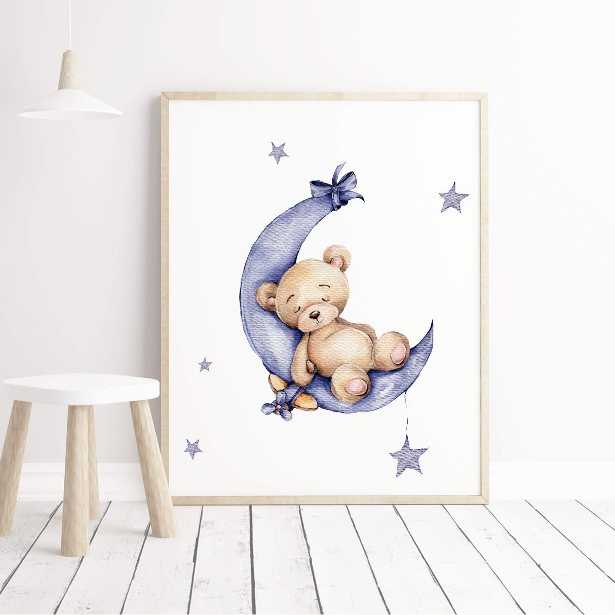 Set of 4 teddy bear on the moon print in navy color for gender neutral nursery decor, baby boys room decor, baby girls room decor.