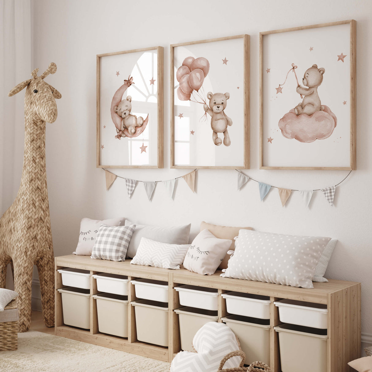 Set of 3 watercolor brown burgundy teddy bear print for boho nursery decor.