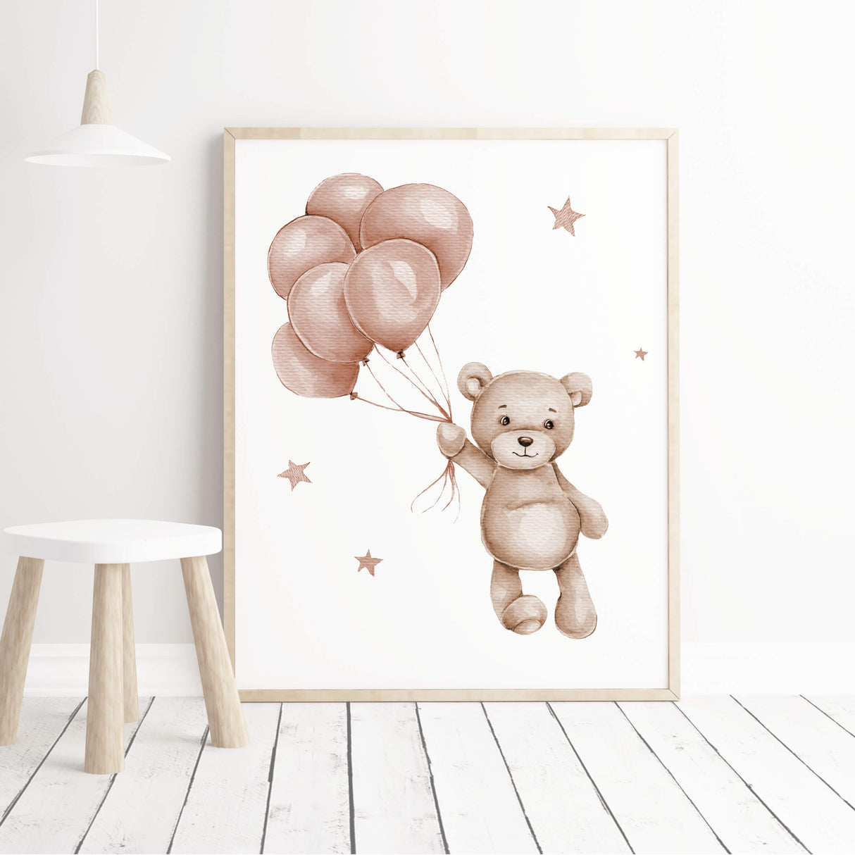 Watercolor brown terracotta teddy bear with balloon print for neutral nursery decor.