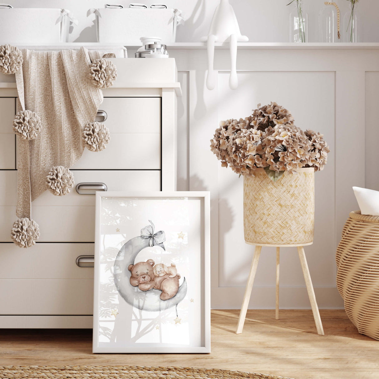 Watercolor teddy bear on the swing print in gray, brown, yellow colors for beige, gray nursery decor.