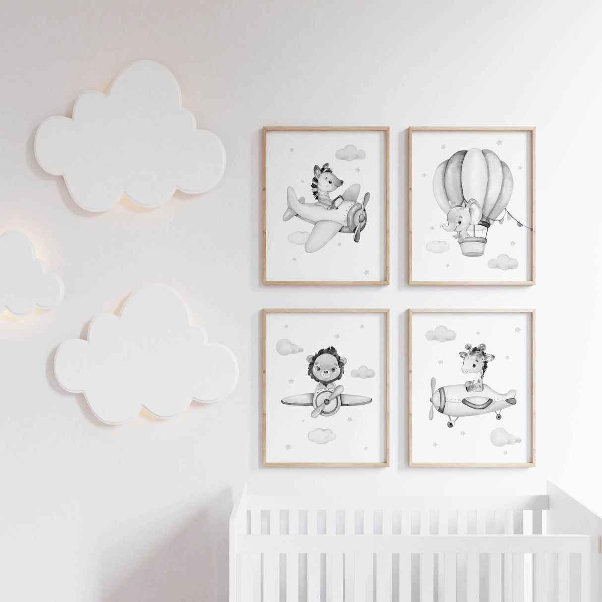 Set of 4 safari animals in the air print for neutral nursery decor, sage green nursery decor, black and white nursery decor, gray nursery decor.