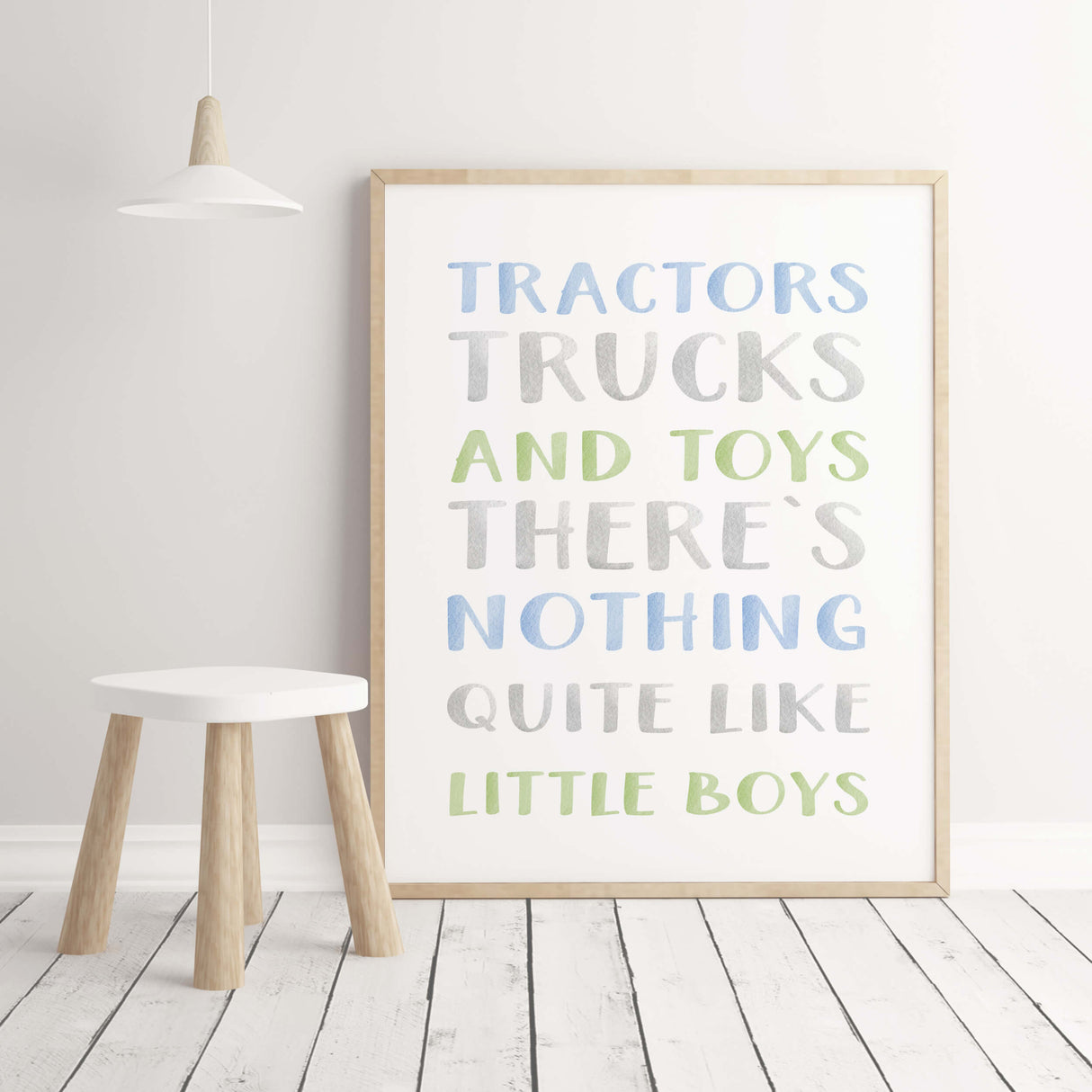 Boys nursery wall art featuring watercolor vehicles and inspirational quote.