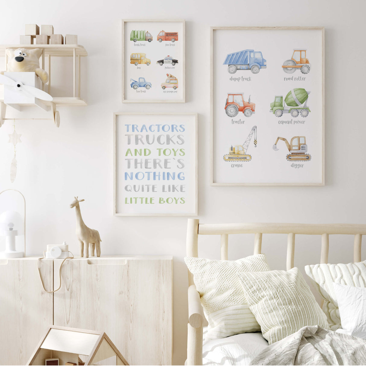 Transportation wall prints with dump truck, police car, and tractor illustration.