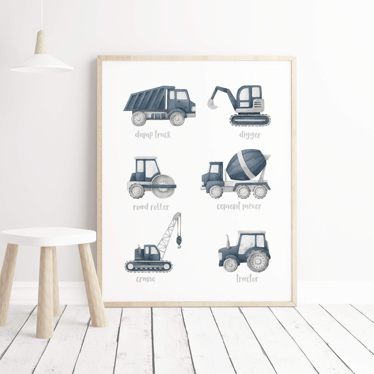Construction vehicle educational print in panel dark blue for toddler and boys nursery room decor.