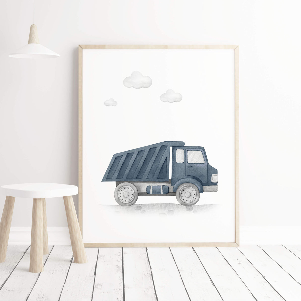 Watecolor dump truck print in panel dark blue for toddler and boys nursery room decor.